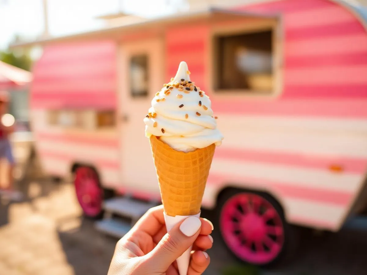 A guest enjoying a cone in front of the trailer