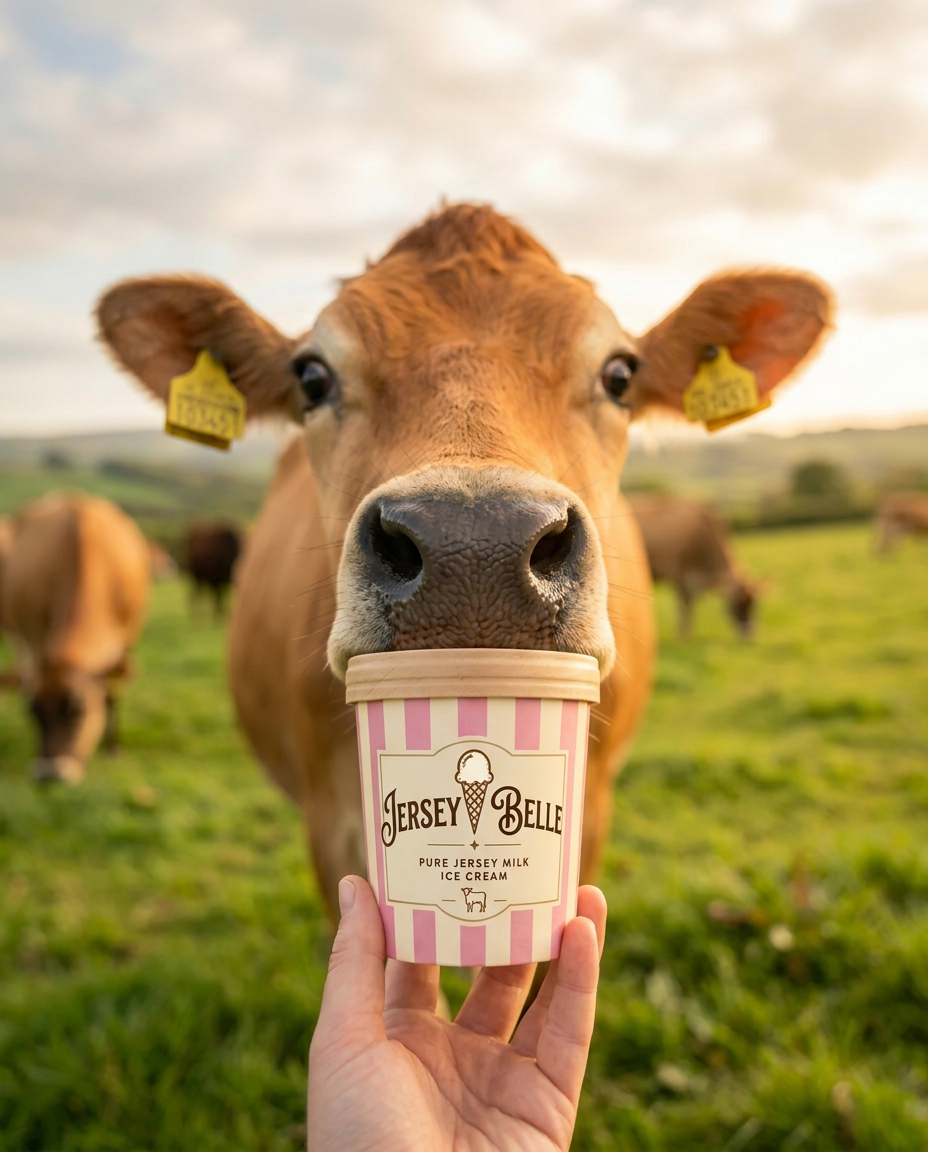 A curious Jersey cow sniffing a pink and cream striped tub of Jersey Belle ice cream in a sunlit Welsh meadow
