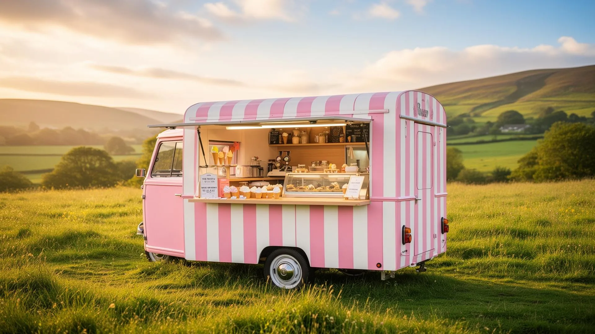 Jersey Belle pink trailer in a Welsh meadow