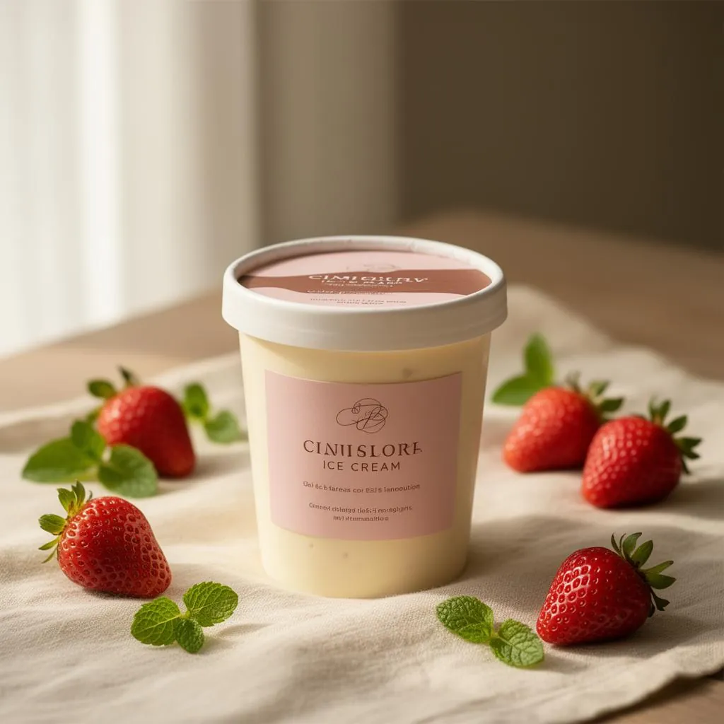 A Jersey Belle ice cream tub with strawberries and mint