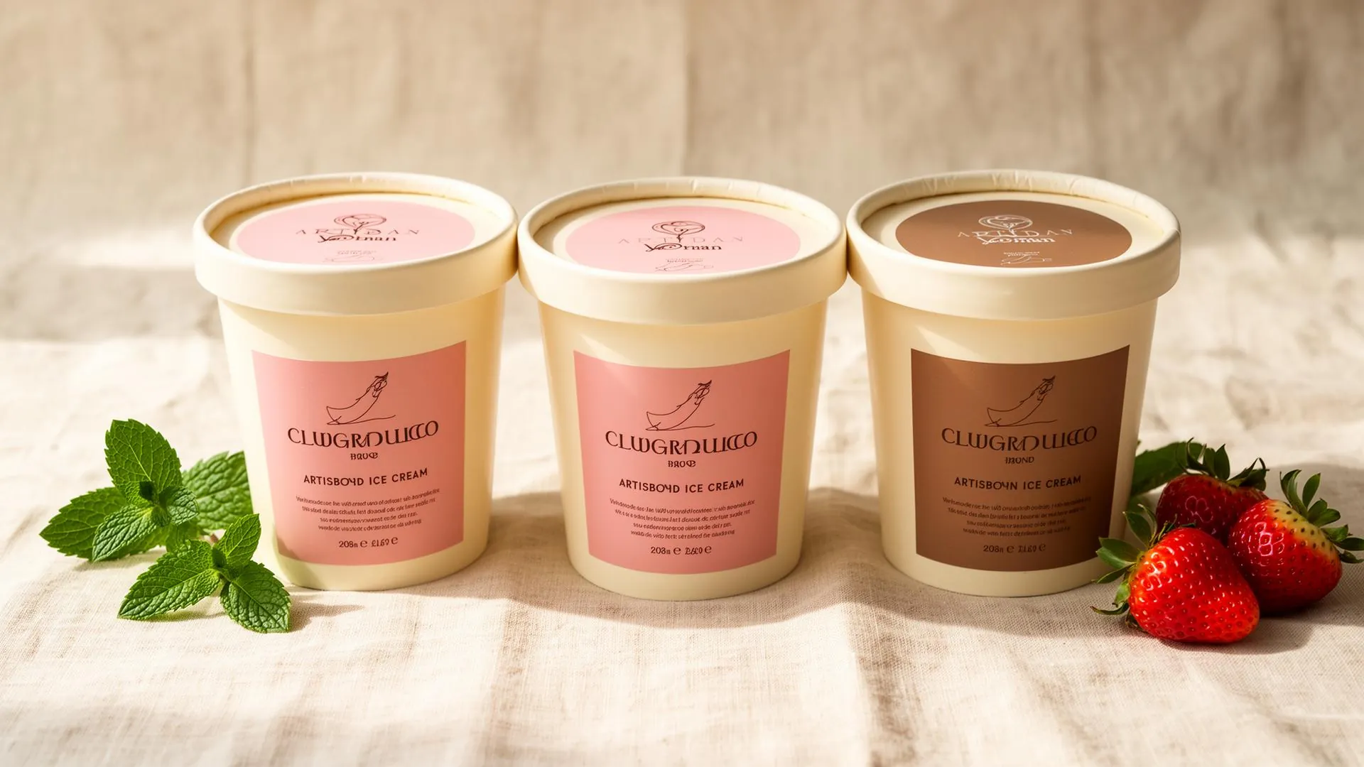 Three Jersey Belle ice cream tubs on cream linen